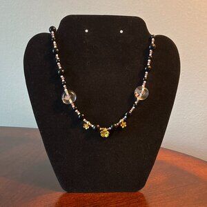 Handmade Beaded Necklace - Purple with Gold Flowers